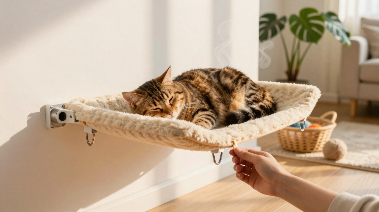 Tabby cat sleeping on a wall-mounted fluffy hammock while a hand gently pets it in a sunny room.