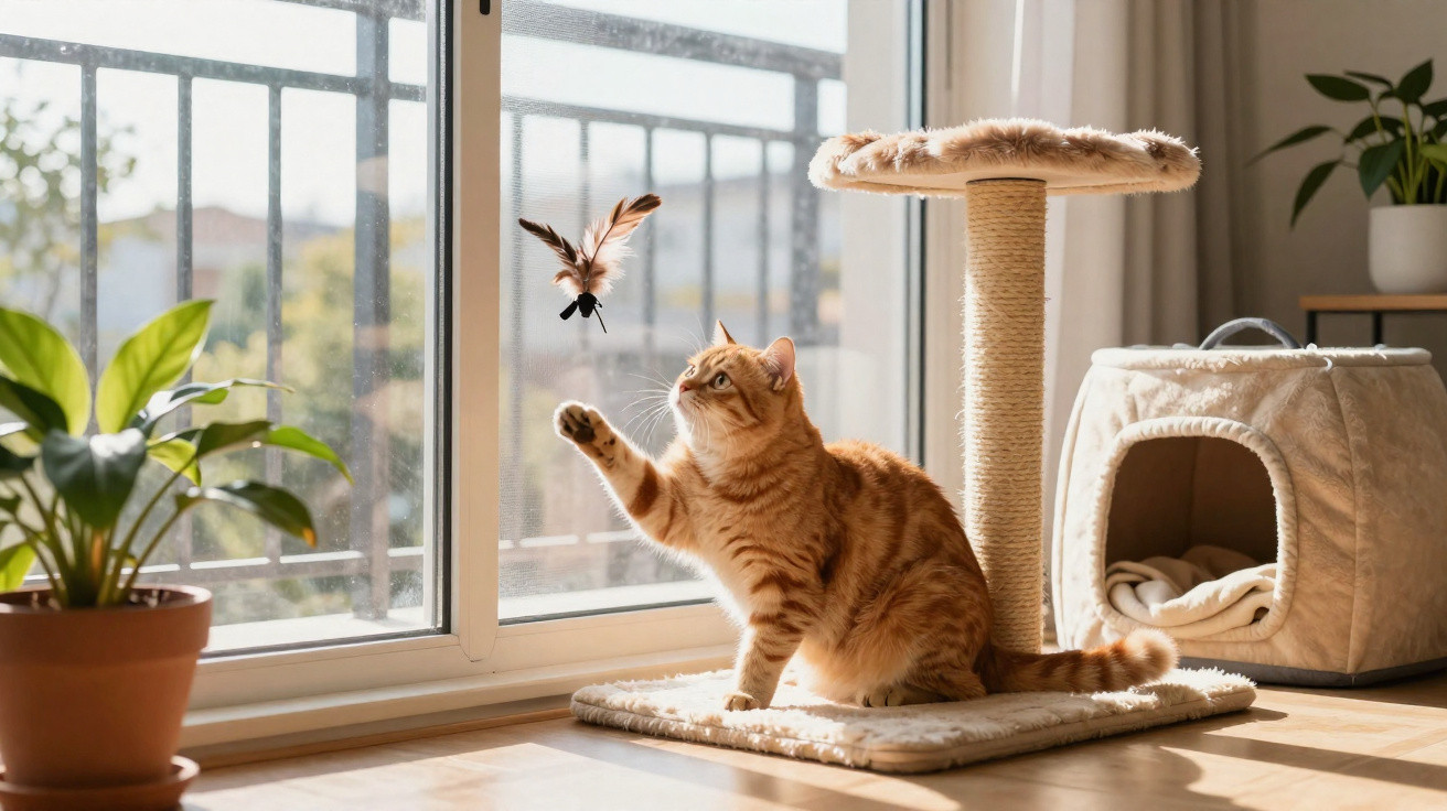 Ginger cat playing with feather toy on a carpeted cat tree by a sunlit window in a cosy room.