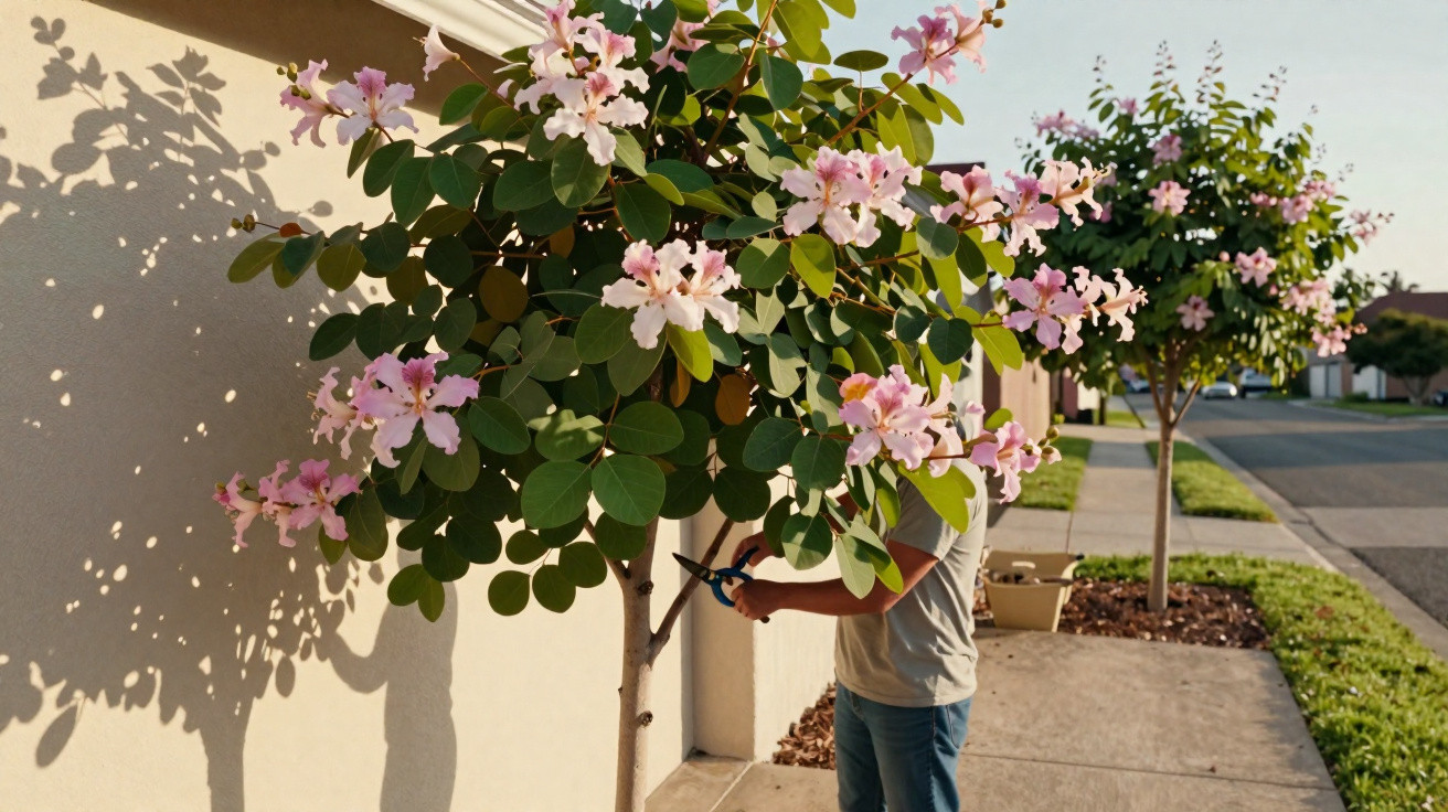 Person pruning a small tree with pink flowers on a sidewalk in a residential neighbourhood.