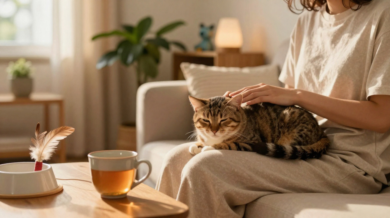Person sitting on a sofa gently petting a content tabby cat with a cup of tea on the table nearby.
