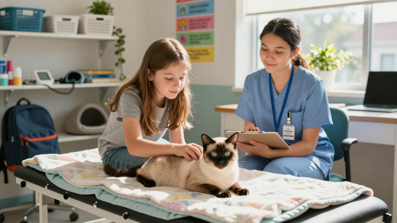 Young girl petting a Siamese cat on a veterinary exam table while a vet in scrubs takes notes.