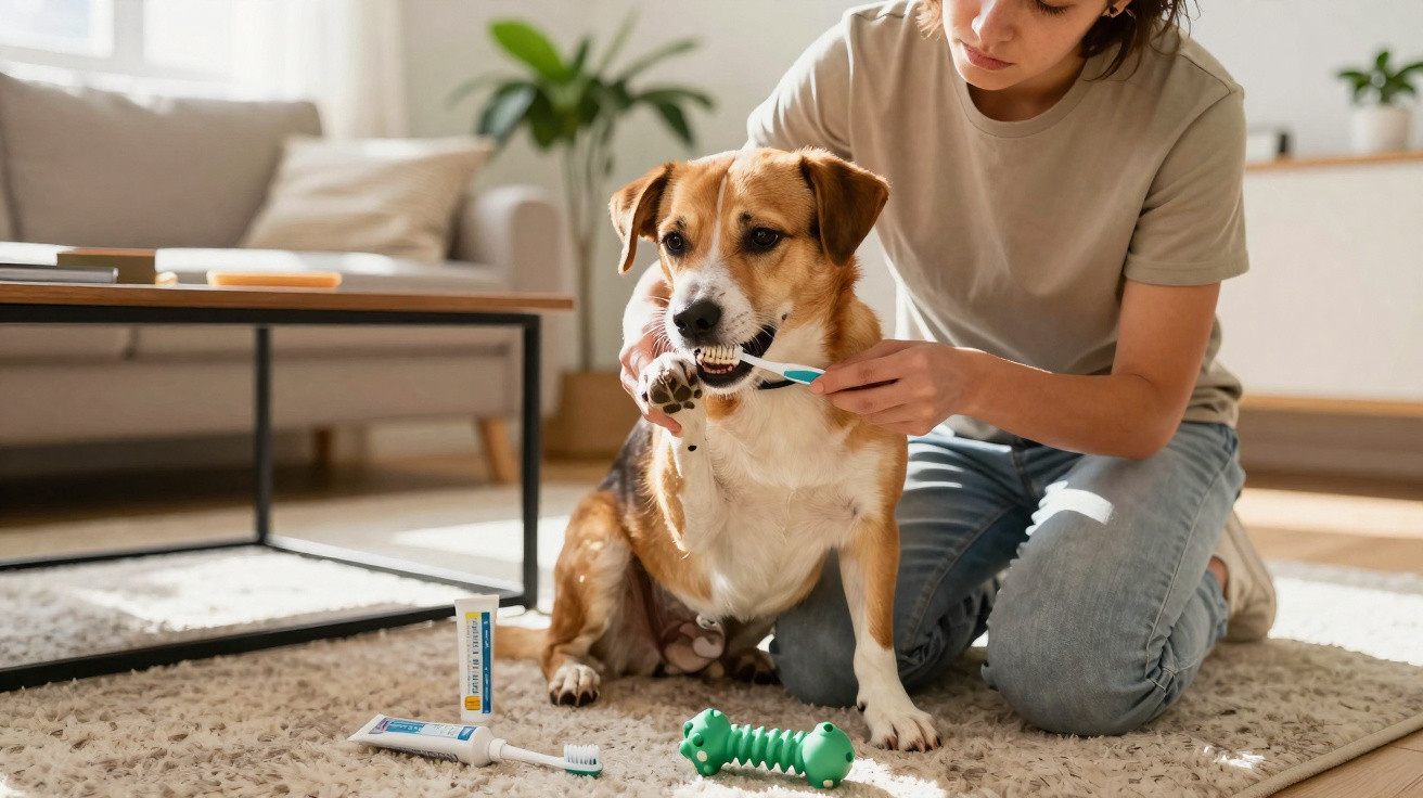 Woman brushing a medium-sized dog’s teeth on a carpet in a bright living room.