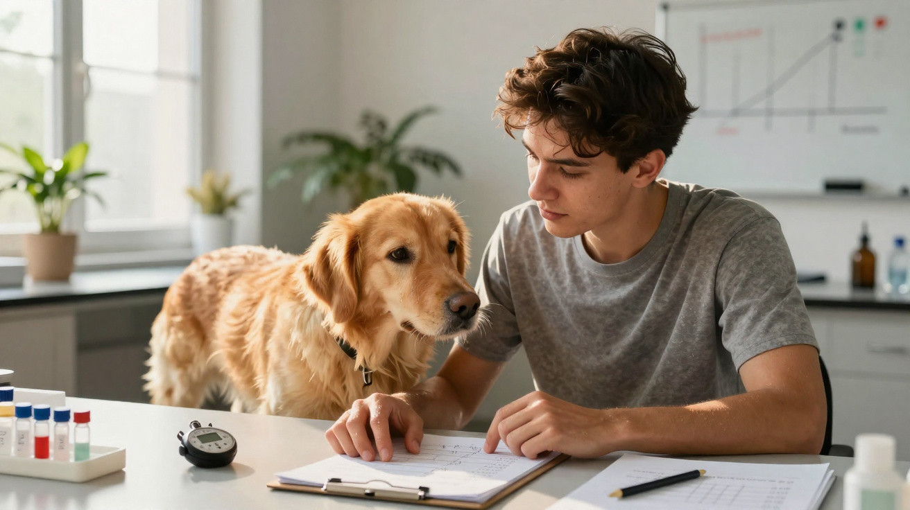 Young man studying at a desk with a golden retriever looking on in a bright room with plants.