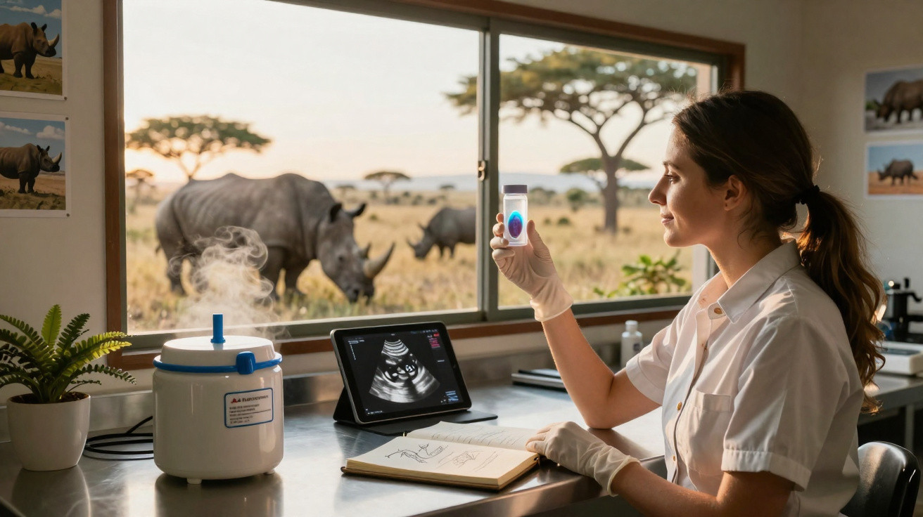 A female scientist examines a test vial in a lab with rhinos visible outside the window in a savannah setting.