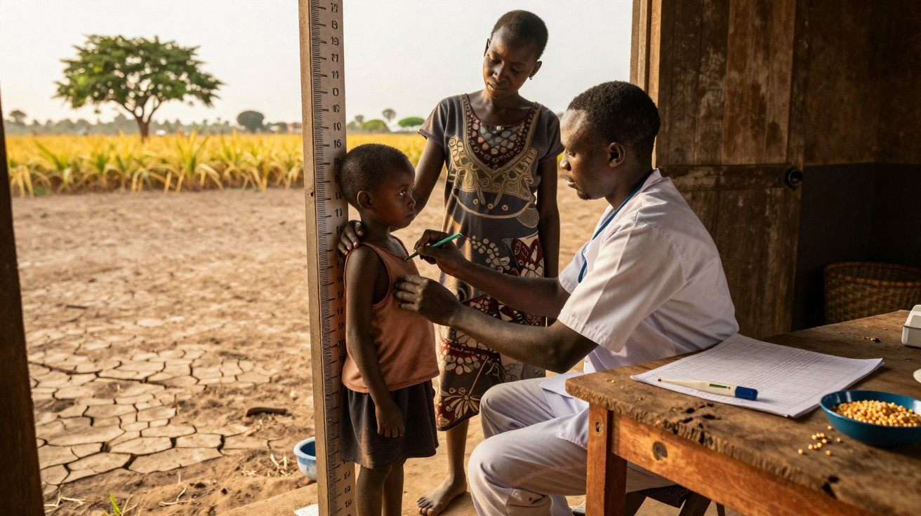 Healthcare worker measuring a young boy’s height outdoors with a woman standing nearby in a rural setting.