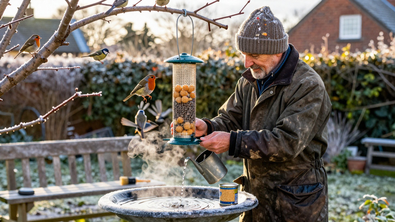 Elderly man in winter clothes filling a bird feeder with nuts near a steamy birdbath in a frosty garden.
