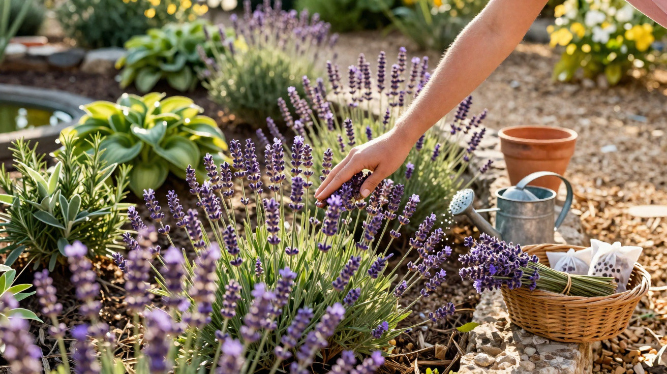 Person harvesting fresh lavender flowers from a garden bed with gardening tools nearby.