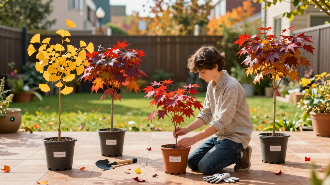 Young person kneeling on patio tending to potted autumnal trees with red and yellow leaves in a garden.