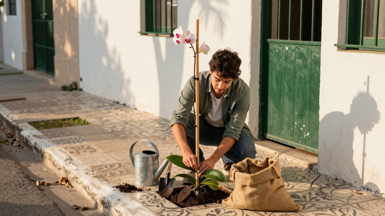 Young man planting an orchid on a tiled sidewalk next to a white building with green doors and windows.