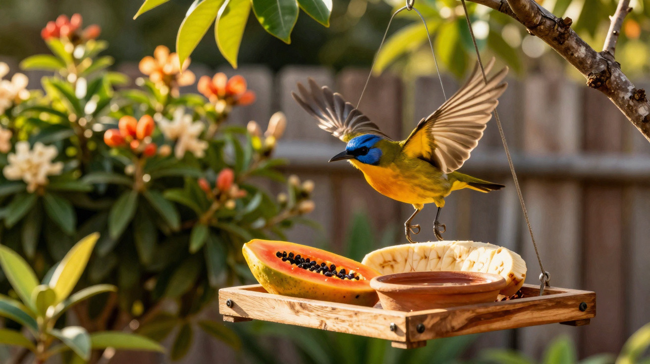 Bright blue and yellow bird hovering over a wooden feeder with sliced papaya and a brown dish in a garden.