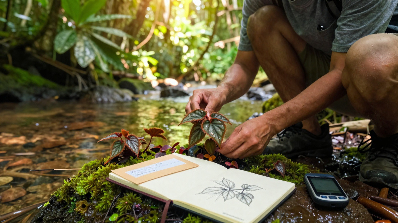 Person sketching leaves of a plant by a stream in a lush, sunlit forest with a GPS device nearby.