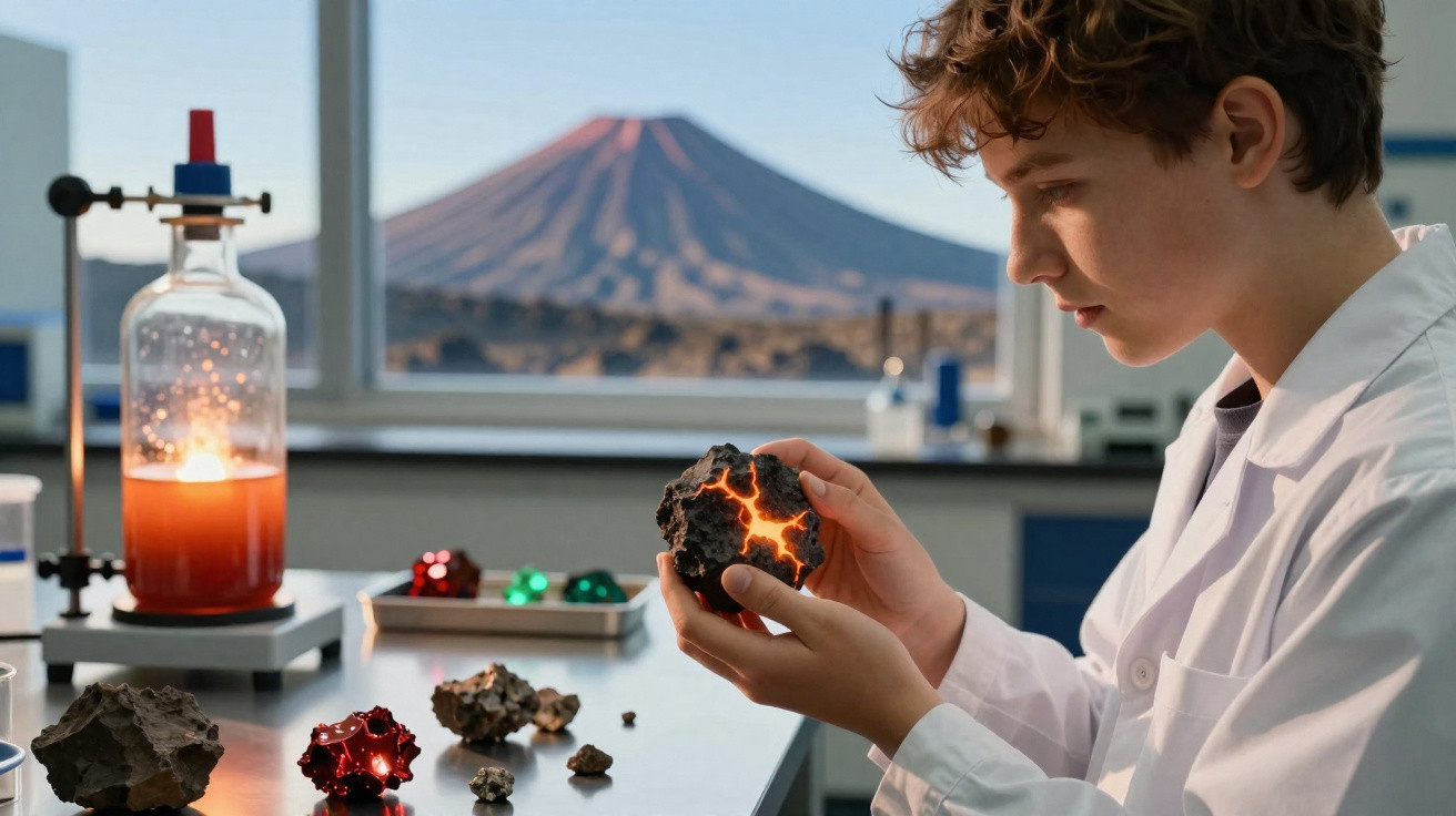 Young scientist in lab coat examining a glowing volcanic rock with a volcano visible through the window.
