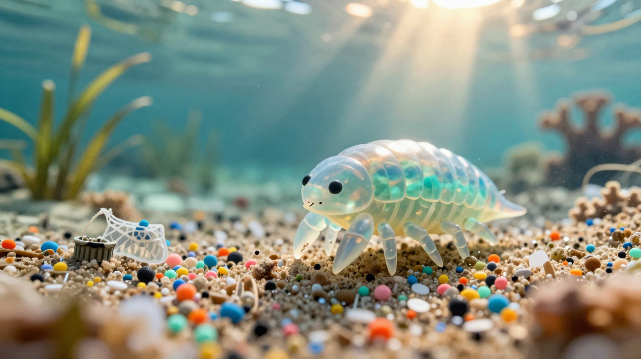 Close-up of a translucent isopod on a colourful seabed with light rays shining through clear water.