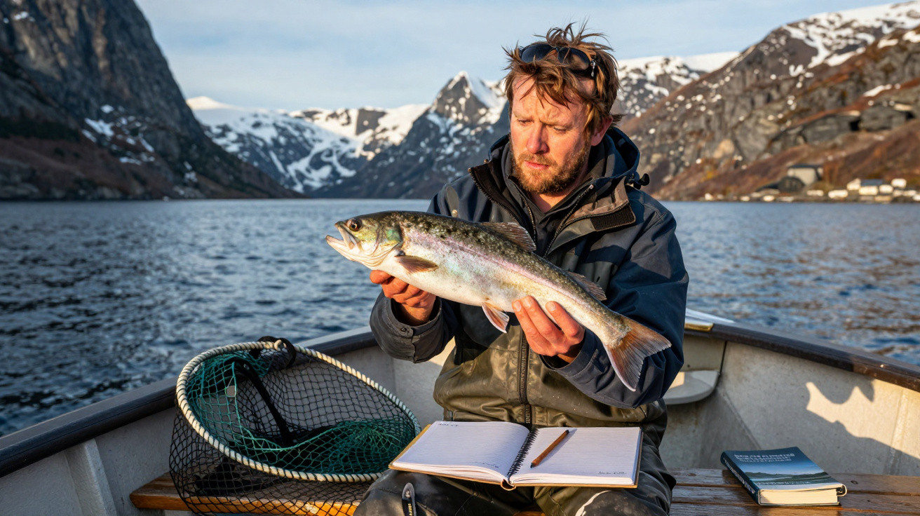 Man holding a large fish on a boat with snowy mountains and a fishing net in the background