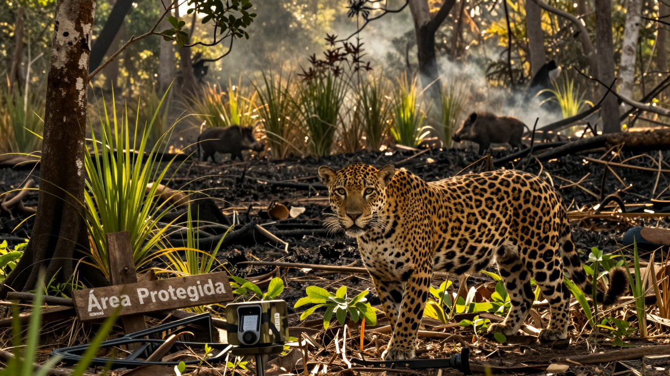 Jaguar standing in a forest clearing near a sign reading "Área Protegida" with wild pigs in the background.