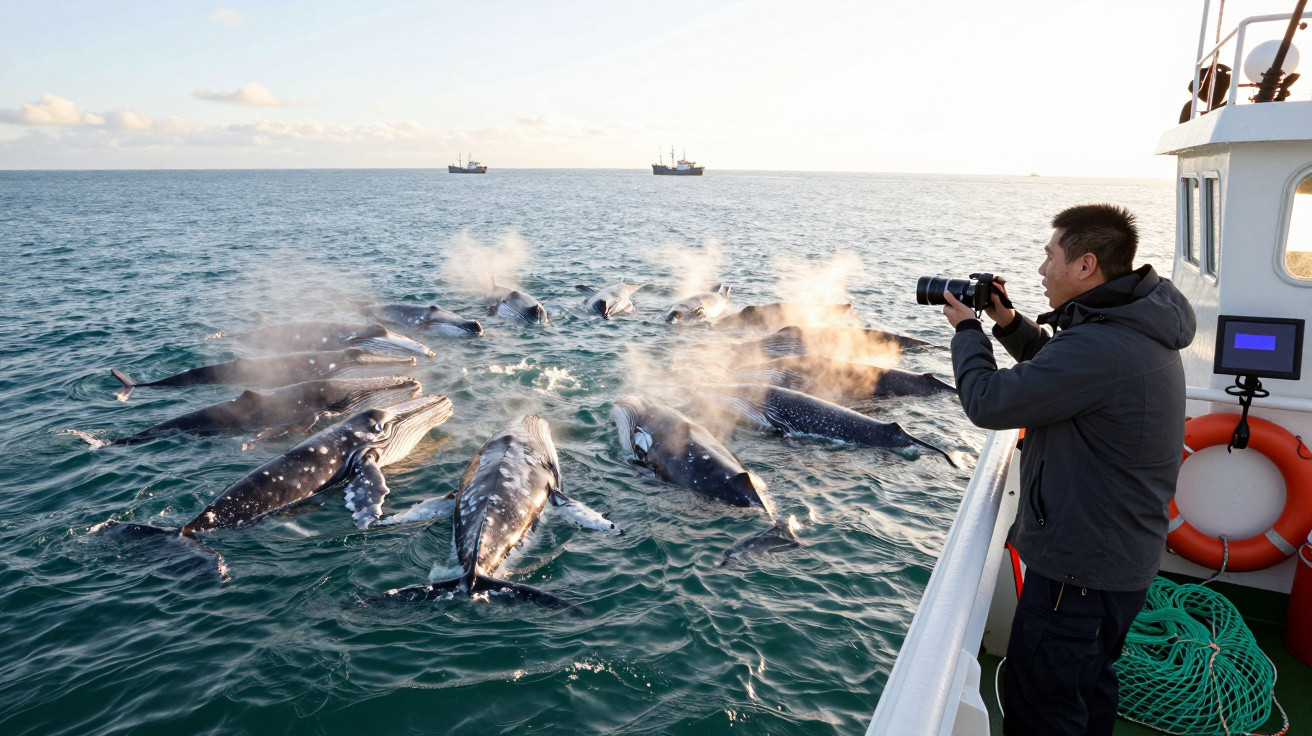 A man on a boat photographing a group of humpback whales surfacing and blowing water in the ocean.
