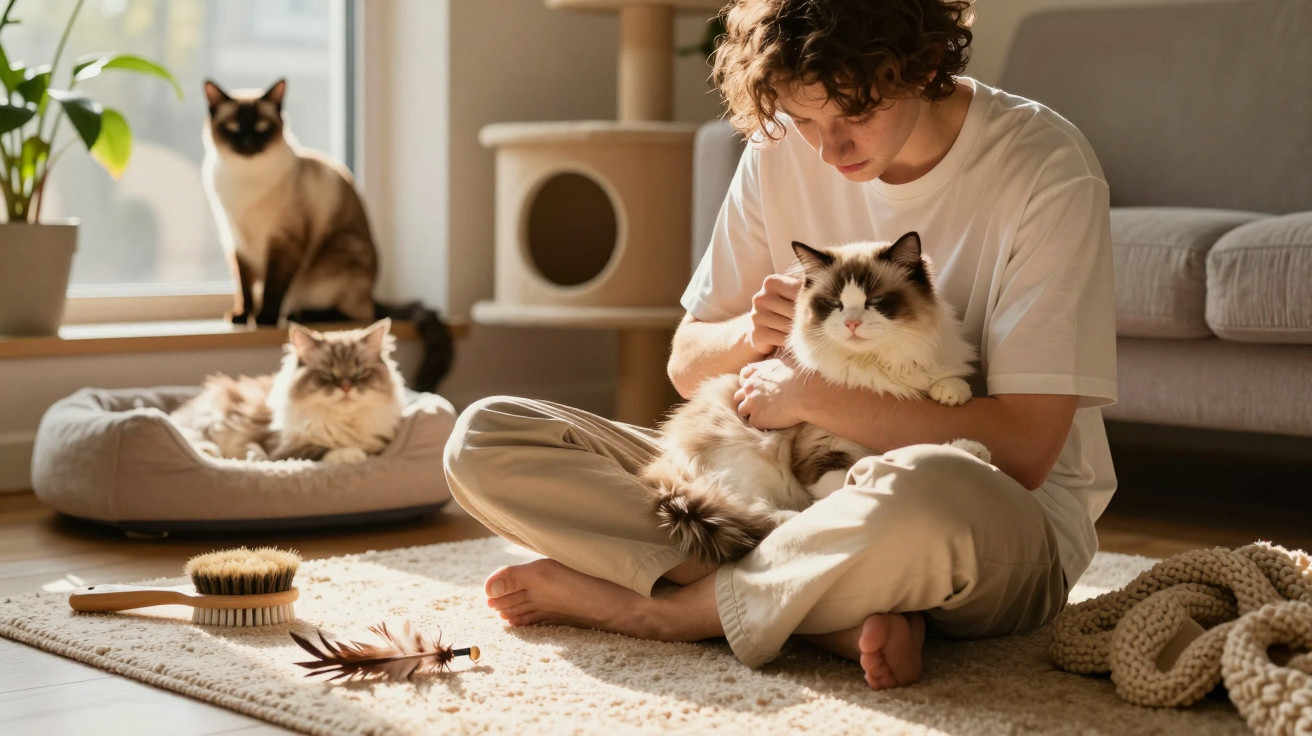 Person sitting on a rug petting a fluffy cat, with two other cats nearby in a sunlit room.