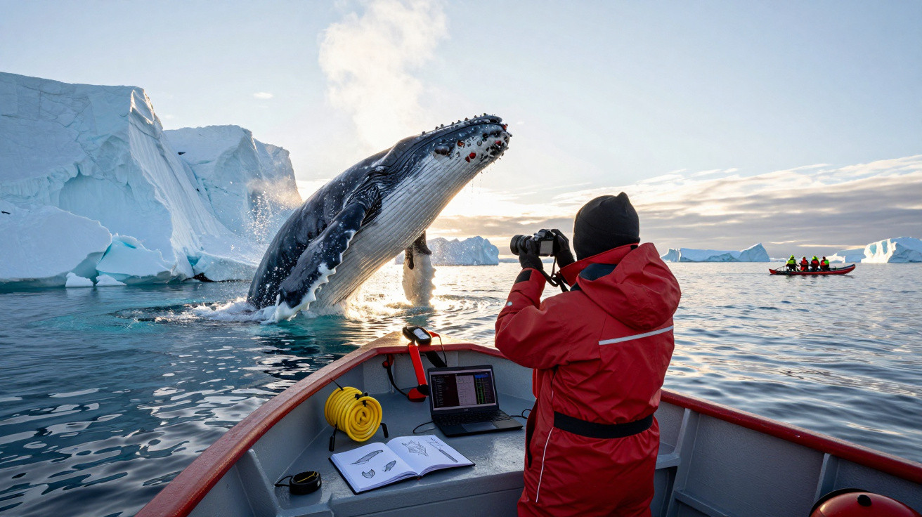 Person in red jacket photographing humpback whale breaching near icebergs from small boat in Arctic waters.