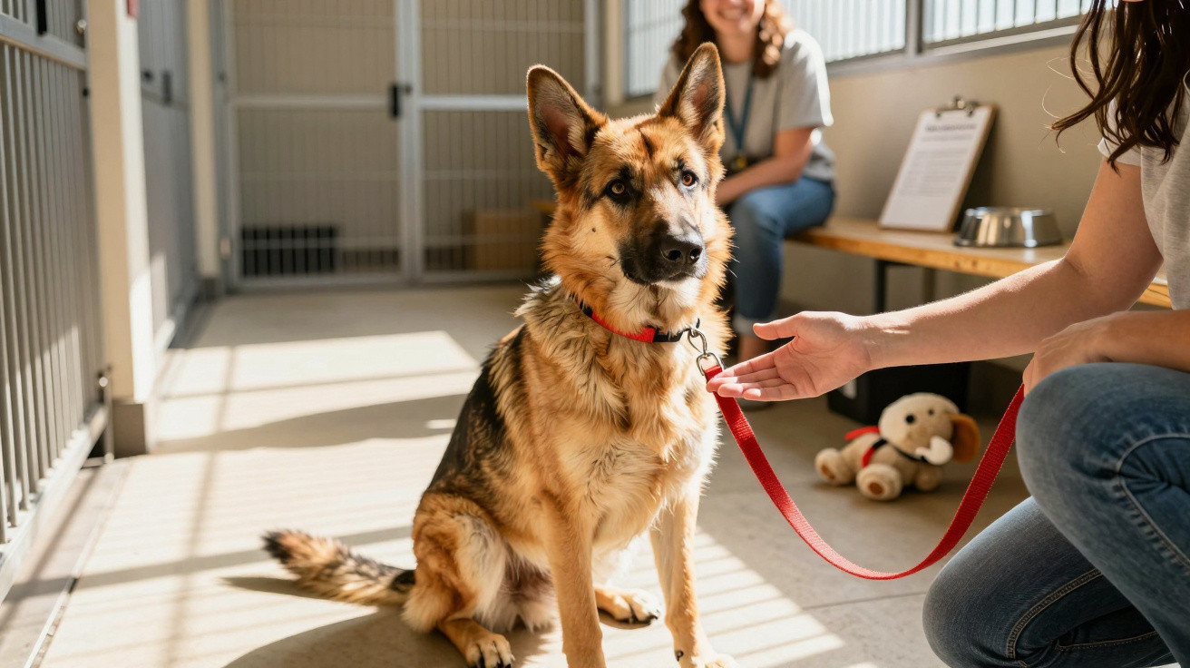 German Shepherd dog sitting on kennel floor with person holding red leash and another sitting on bench