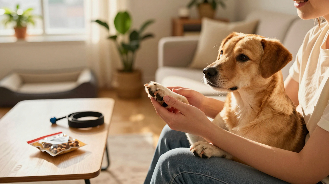 Person holding a golden dog’s paw while sitting on a sofa in a sunlit living room.