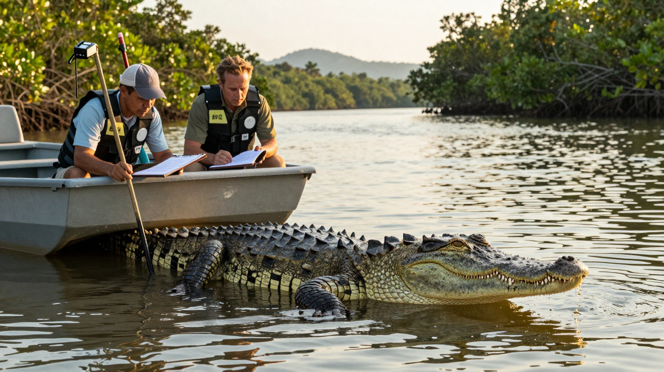 Two researchers in a boat studying a large crocodile floating in a river surrounded by trees.