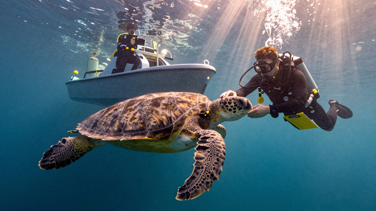 Diver underwater gently touching a large sea turtle with a boat and another diver above the surface.