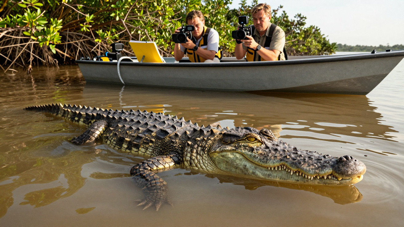 A close-up of a crocodile in water with two photographers in a boat capturing images nearby.