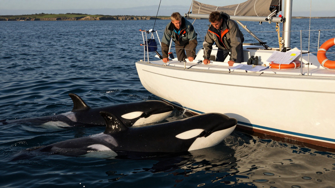 Two people on a sailboat observing two orcas swimming close to the boat in calm sea waters.