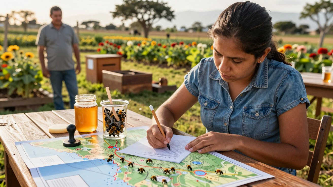 Woman in denim shirt writing notes at a table with a map, honey jar, and bees in a rural field of sunflowers.
