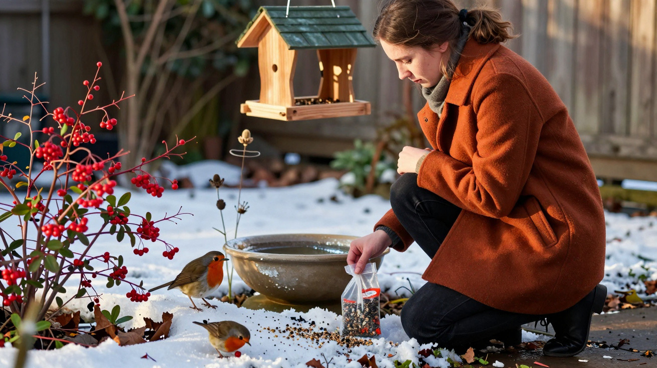 Woman in a brown coat feeding birds from a bag near a bird feeder in a snowy garden with red berries.