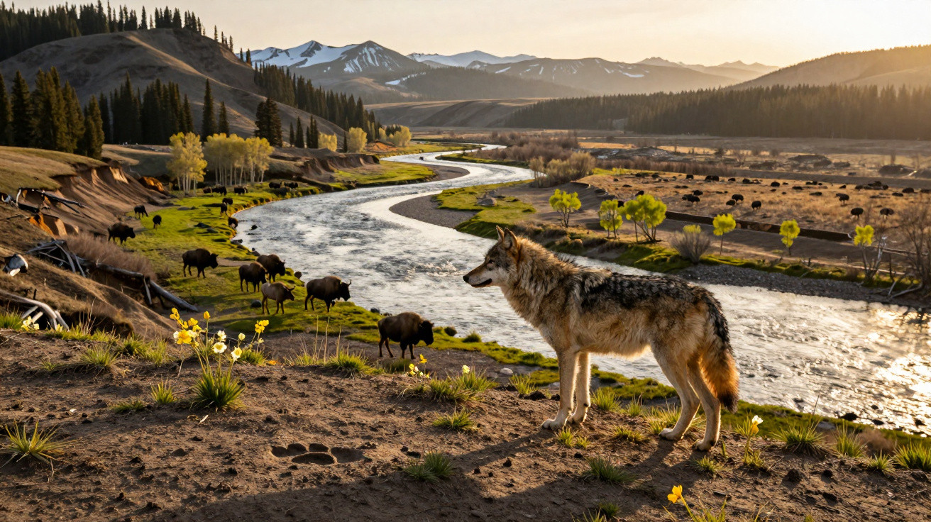 Wolf standing near a riverbank overlooking a herd of bison in a valley with mountains in the background at sunset.