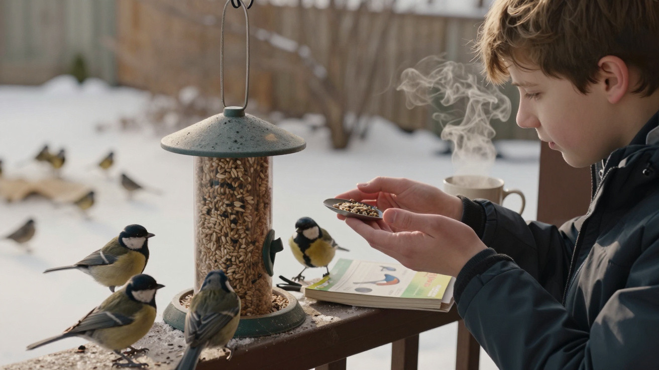 Boy feeding birds from a seed feeder on a snowy balcony with a steaming cup and bird guidebook nearby.