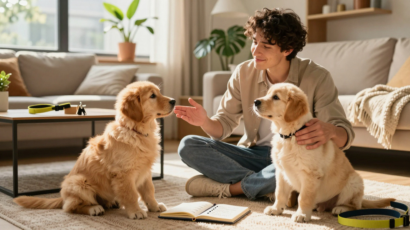 Young man sitting on the floor with two golden retriever puppies in a bright living room.