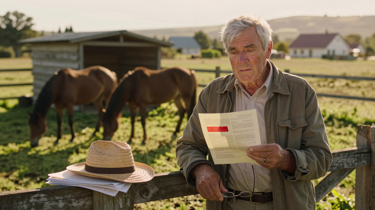 Elderly man reading a letter by a wooden fence with grazing horses and a rural landscape behind him.
