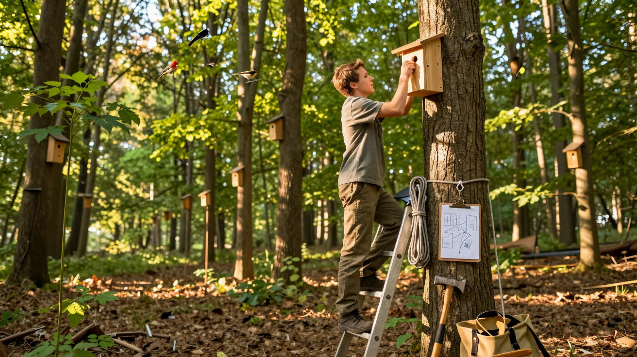 Boy on ladder installing wooden birdhouse on tree in sunlit forest with tools and sketches nearby.