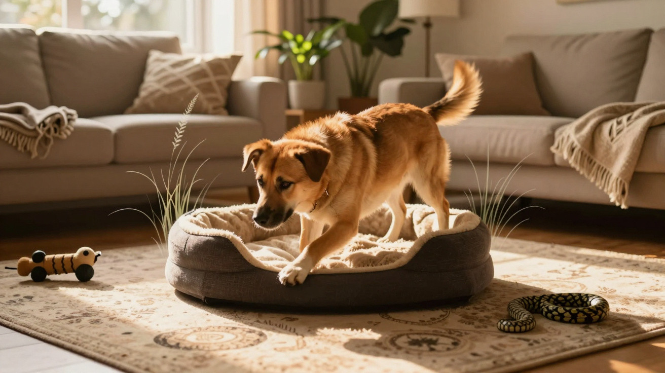 Brown dog stepping into a soft dog bed in a sunlit living room with sofas and toys on a patterned rug.