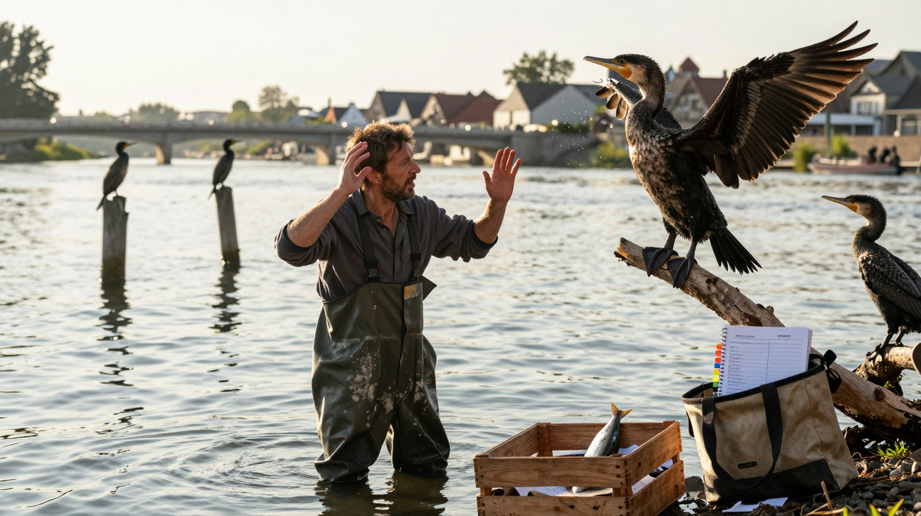 Man in waders interacting with cormorant birds by a riverside with fish crate and village in the background.