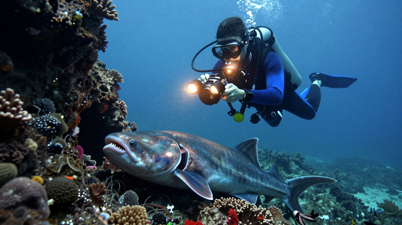 Diver with underwater camera filming a large fish near coral reef in clear ocean water.