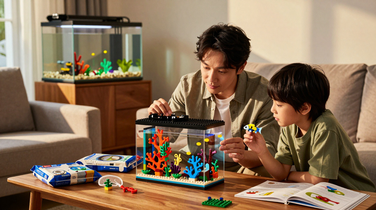 Father and son building a colourful LEGO aquarium on a wooden table in a living room.