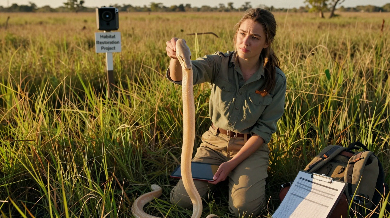 Researcher in a field holding a long snake, with a Habitat Restoration Project sign and equipment nearby.