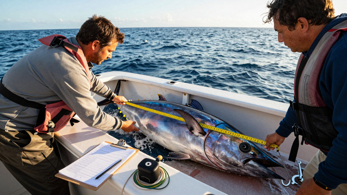 Two men on a boat measuring a large tuna fish with a tape measure on the sea.