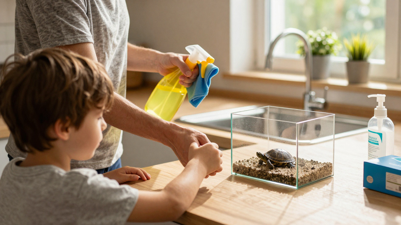 Adult and child cleaning a small turtle tank on a kitchen counter near a window with cleaning supplies.