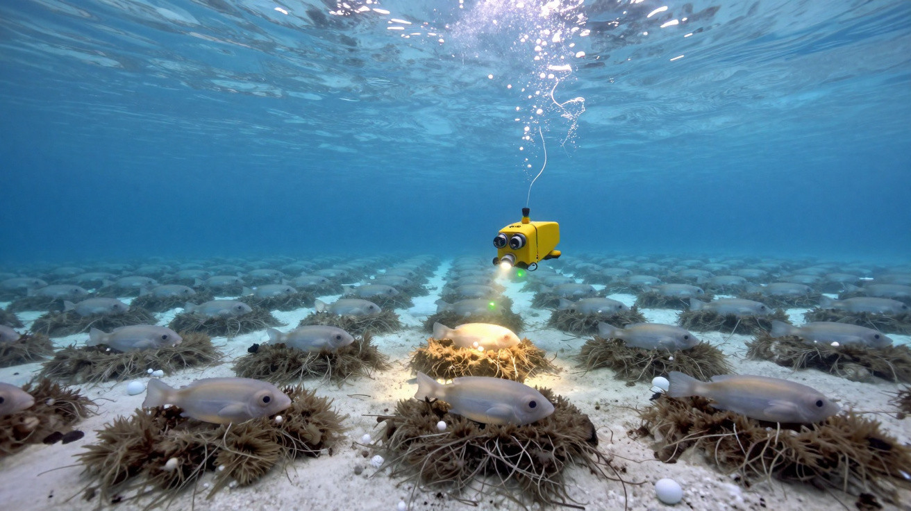 Underwater robotic drone inspecting rows of fish nests on the ocean floor with clear blue water above.