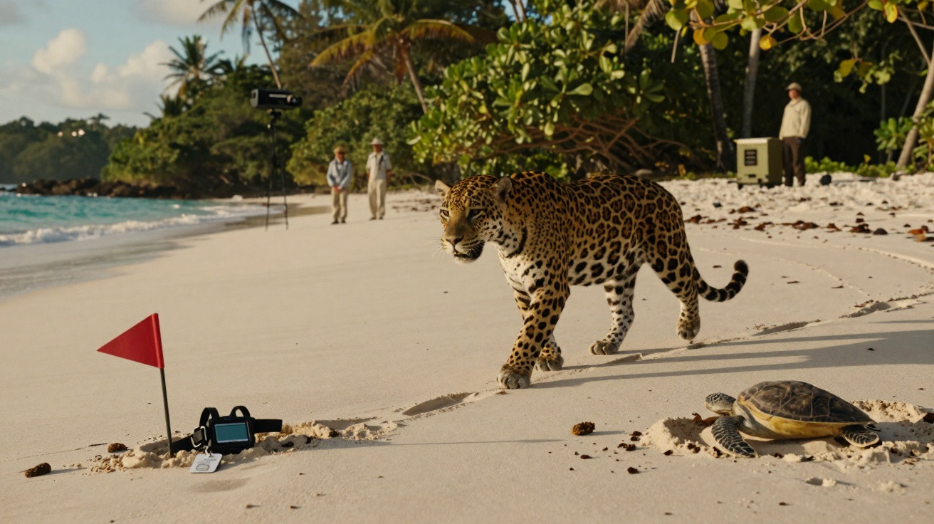 Jaguar walking on a sandy beach near a sea turtle and a red flag with people and tropical trees in the background.
