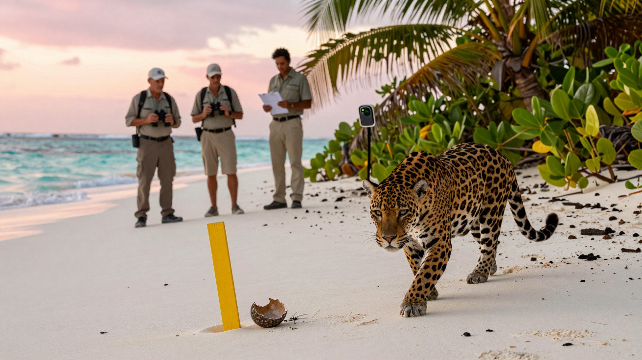 Jaguar with a tracking collar walking on a sandy beach near three researchers observing at sunset.