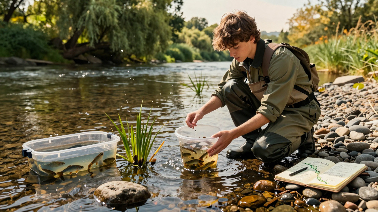 Teenage boy in fishing gear releases fish from a bucket into a calm river by pebbled shore with notebook nearby.