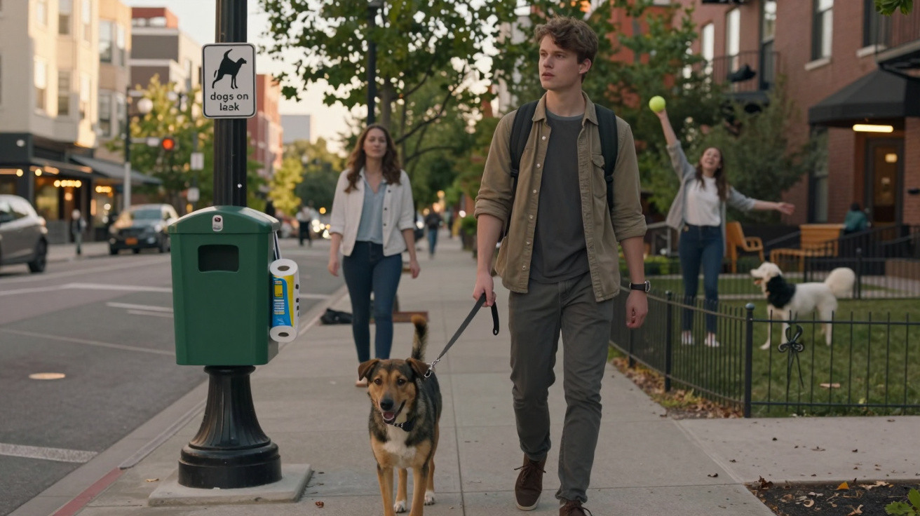 Young man walking dog on a city sidewalk with women and dogs playing in the background.