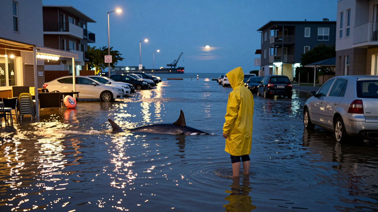 Flooded street at dusk with a person in a yellow raincoat standing near two shark fins in the water.
