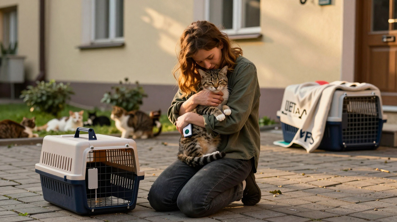 Woman kneeling outdoors hugging a tabby cat with pet carriers and other cats in the background.