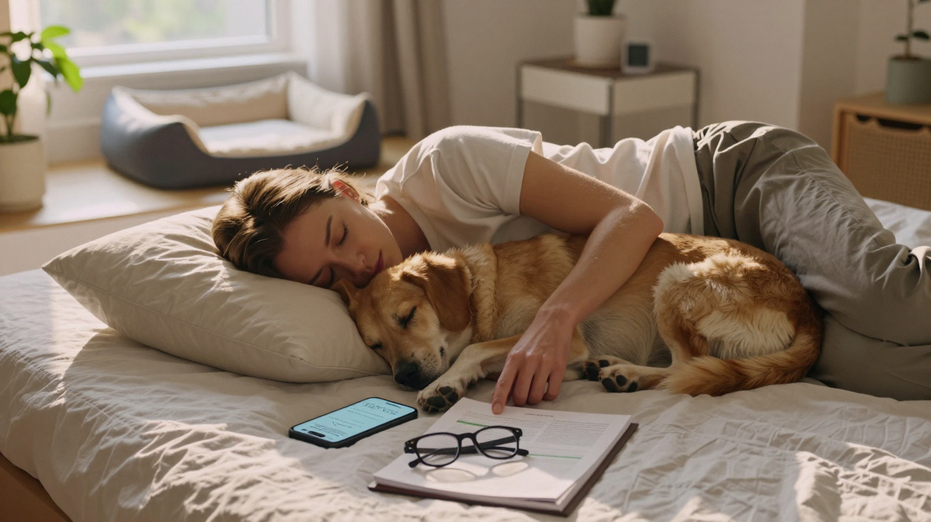 Woman asleep on a bed, cuddling a dog with a phone, glasses, and notebook nearby in a sunlit room.